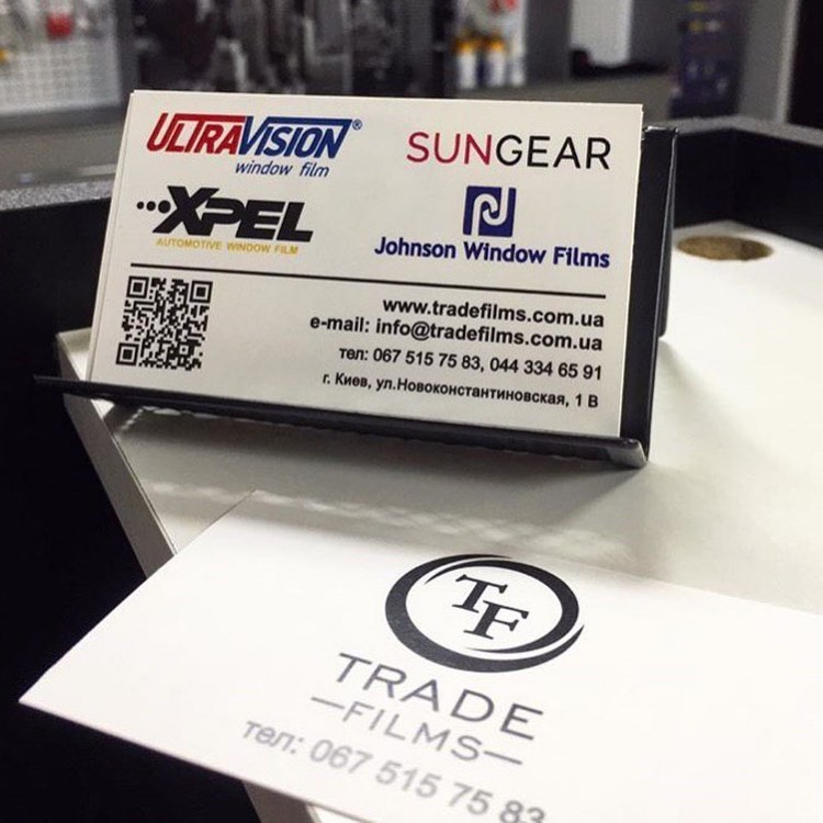 Printed Trade Films business cards with the logo