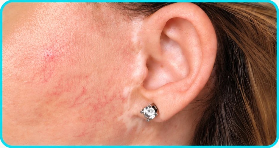 Cicatrice pré-auriculaire après lifting, joue et réseau de télangiectasies