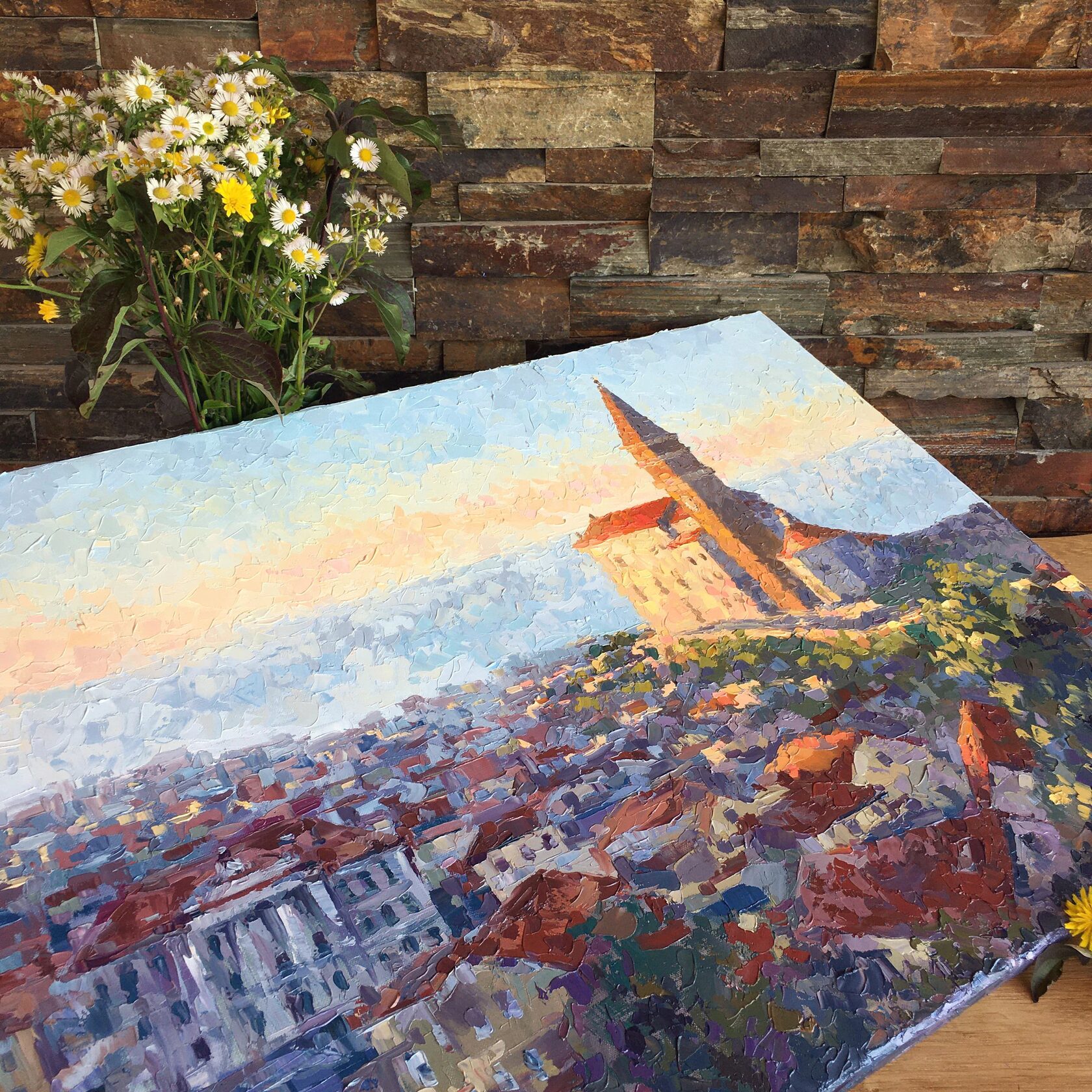 Piran oil painting, Slovenia abstract art, Slovenian landscape knife painting, artist OXYPOINT Oxana Kravtsova, painting for sale 