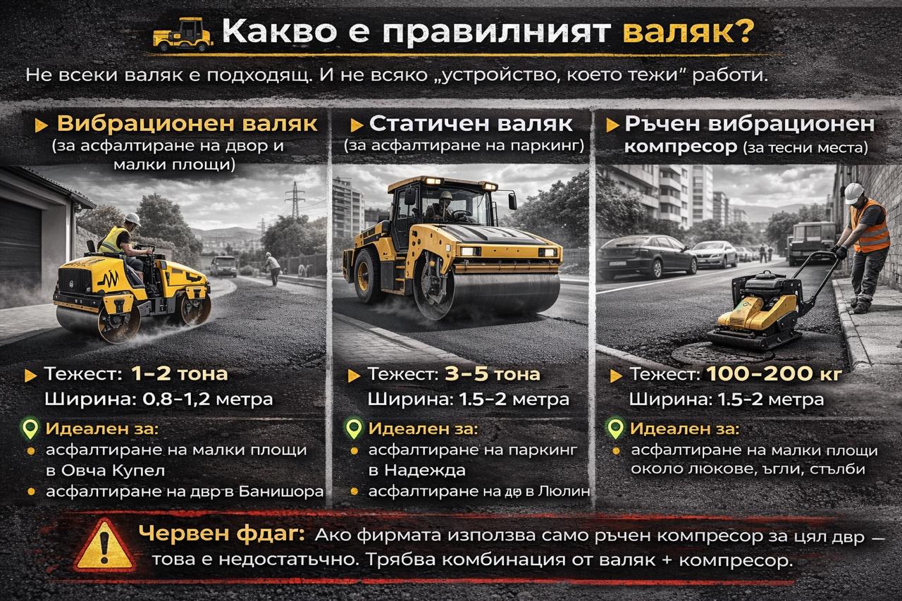 Инфографика за избор на валяк при асфалтиране – вибрационен и статичен валяк за двор, паркинг и малки площи в София.