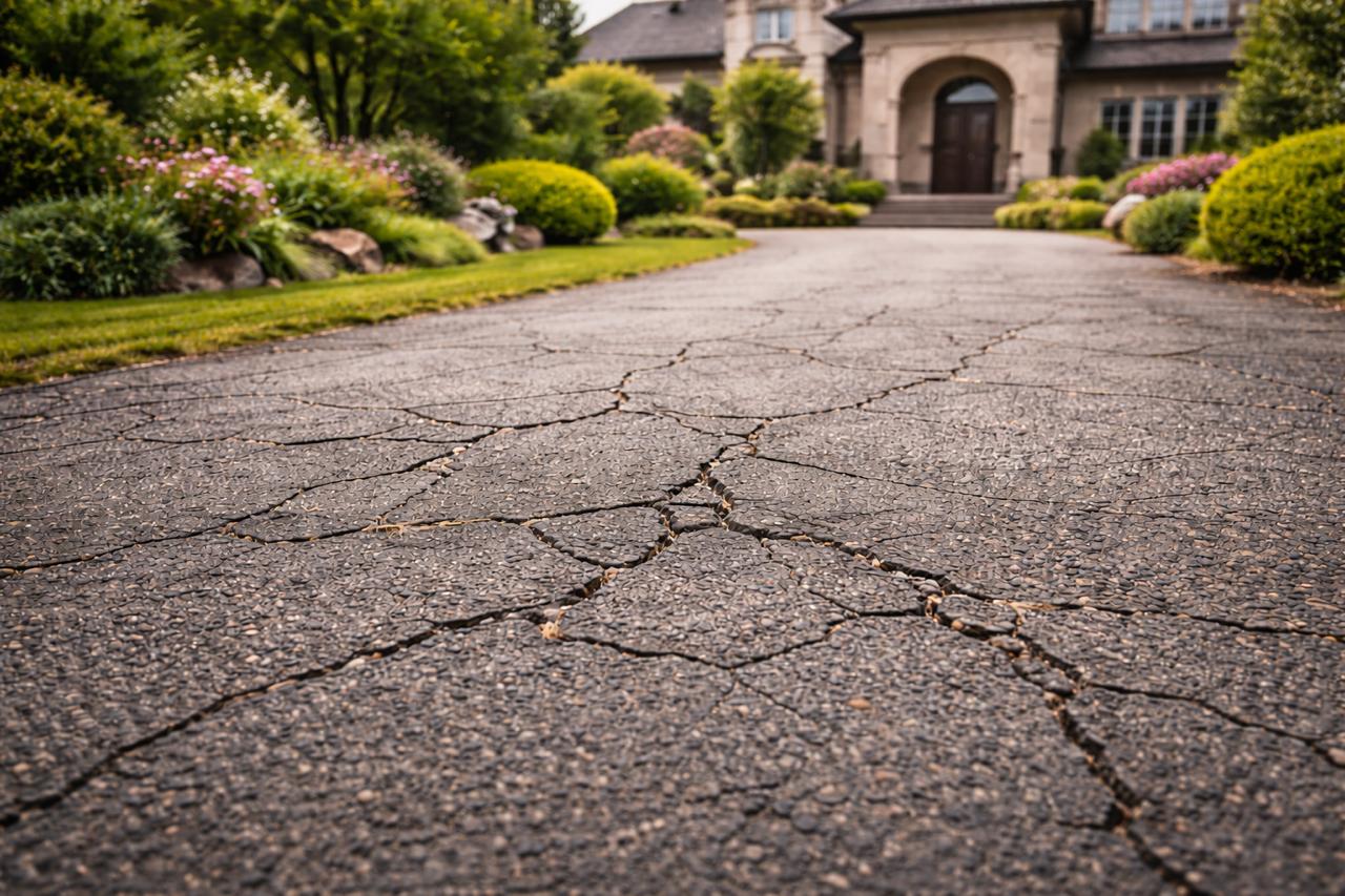 Малки пукнатини в асфалта на частен двор пред луксозна къща – признак за компромис с дебелината