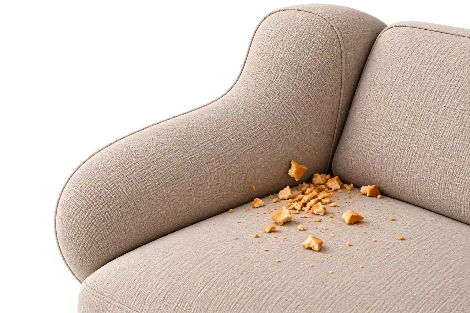 Nahaufnahme des Eckelements eines beigen Ecksofas mit gepolsterter Armlehne, zwischen Sitzfl&auml;che und R&uuml;ckenlehne liegen sichtbare Kr&uuml;mel und kleine Essensreste im strukturierten Stoff. Genau diese Fuge saugt Shikardos Reinigung bei jeder Ecksofa-Reinigung in Frankfurt zuerst aus, bevor die Tiefenreinigung beginnt.