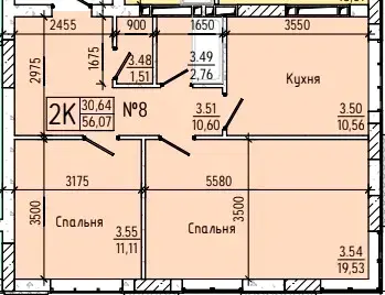 2-комнатная квартира в ЖК Акварель 4 — второй ракурс интерьера