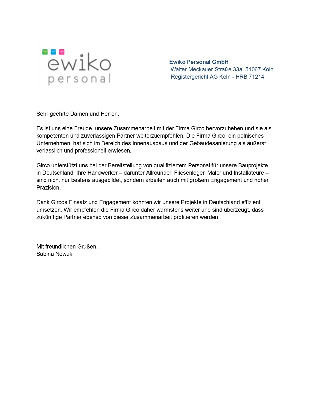 a letter of thanks from the Ewiko personal company