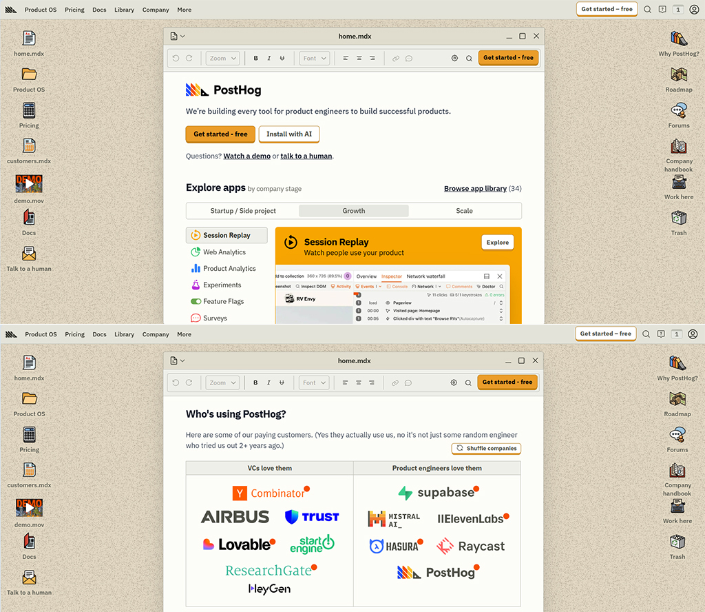 SaaS landing page example — PostHog.
