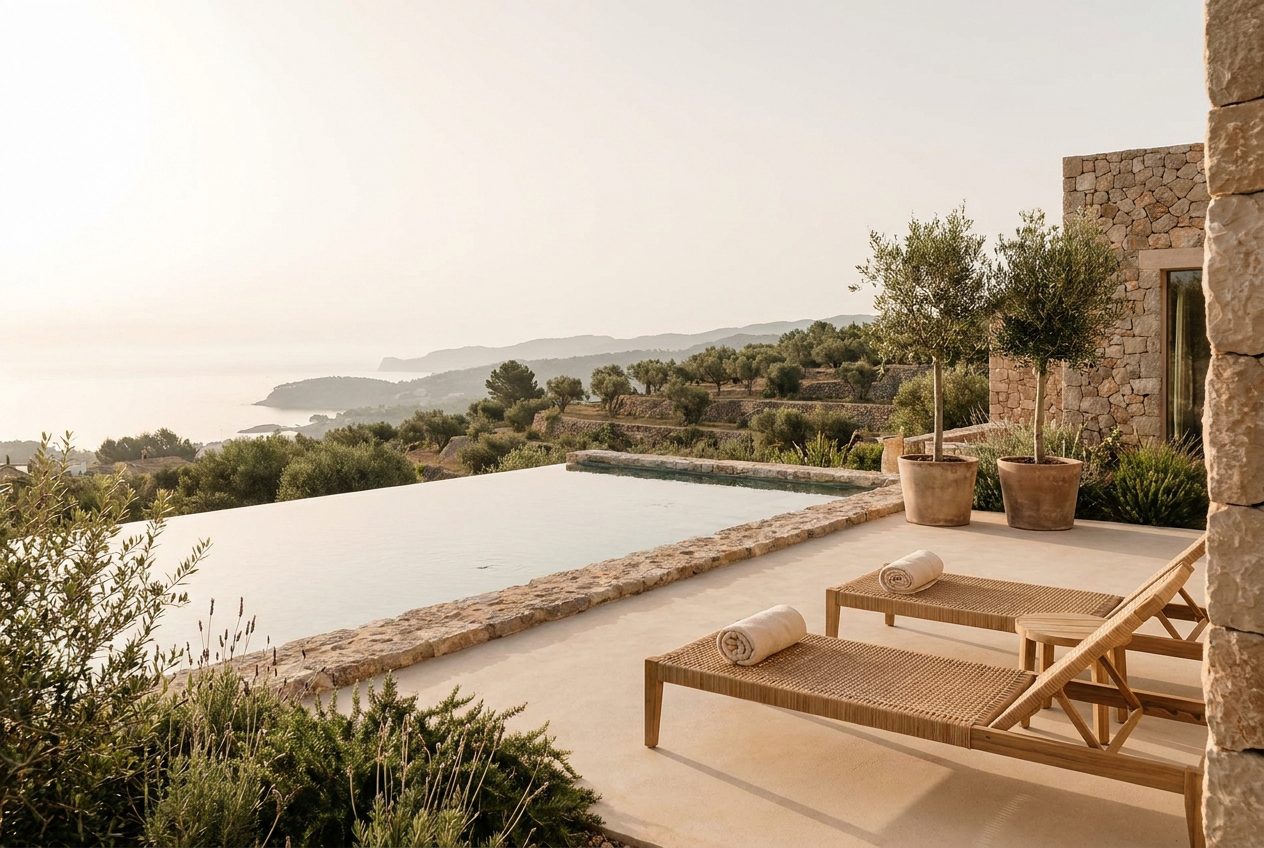 Piscina desbordante de una villa privada sobre el Mediterráneo