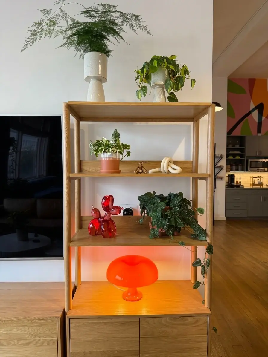 Shelves with trailing plants and an orange lamp