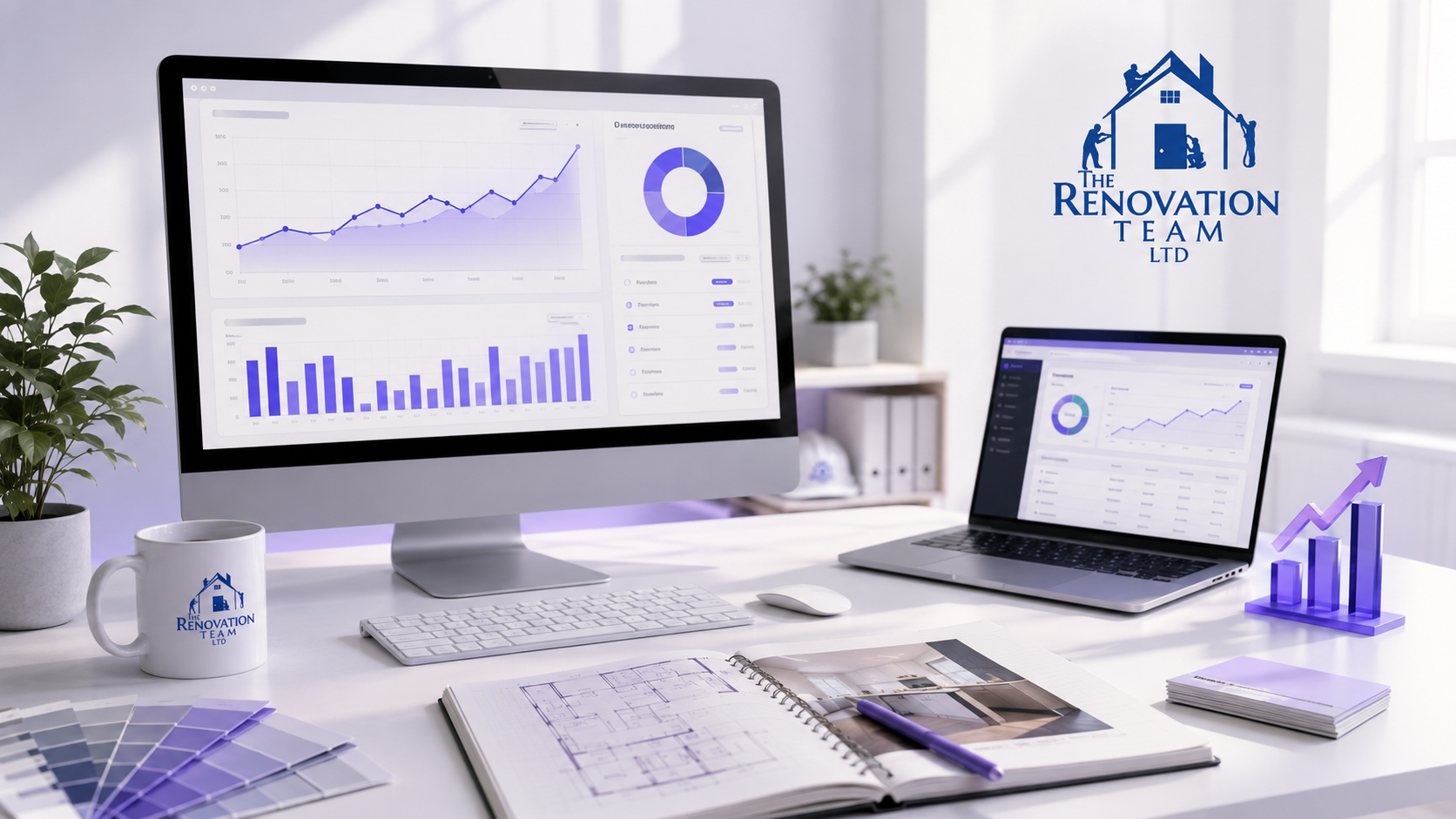 SEO analytics dashboards and The Renovation Team branding in a digital workspace
