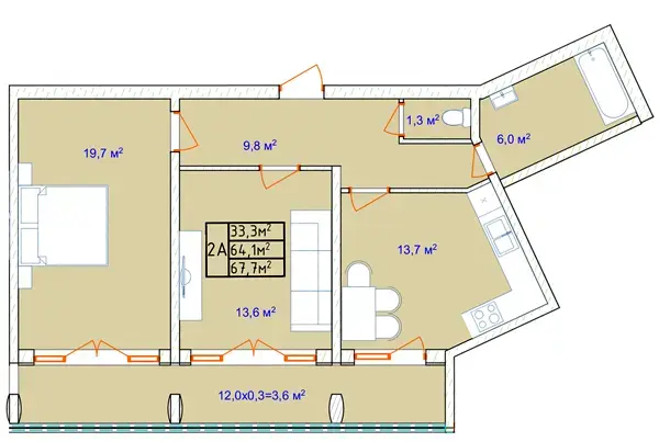 Планування 2-кімнатної квартири в ЖК Aqua Marine — варіант 1