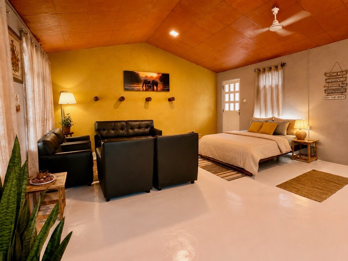 The Tack Room bedroom and lounge prepared for riding-holiday guests at Vonfidel Ranch