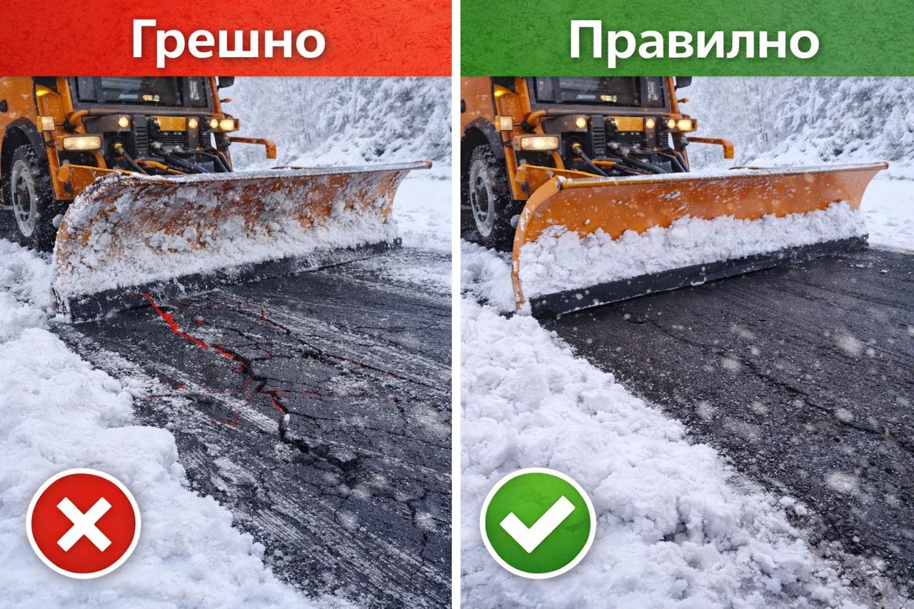 Правилно и грешно снегопочистване – метално острие, което драска асфалта срещу гумена приставка