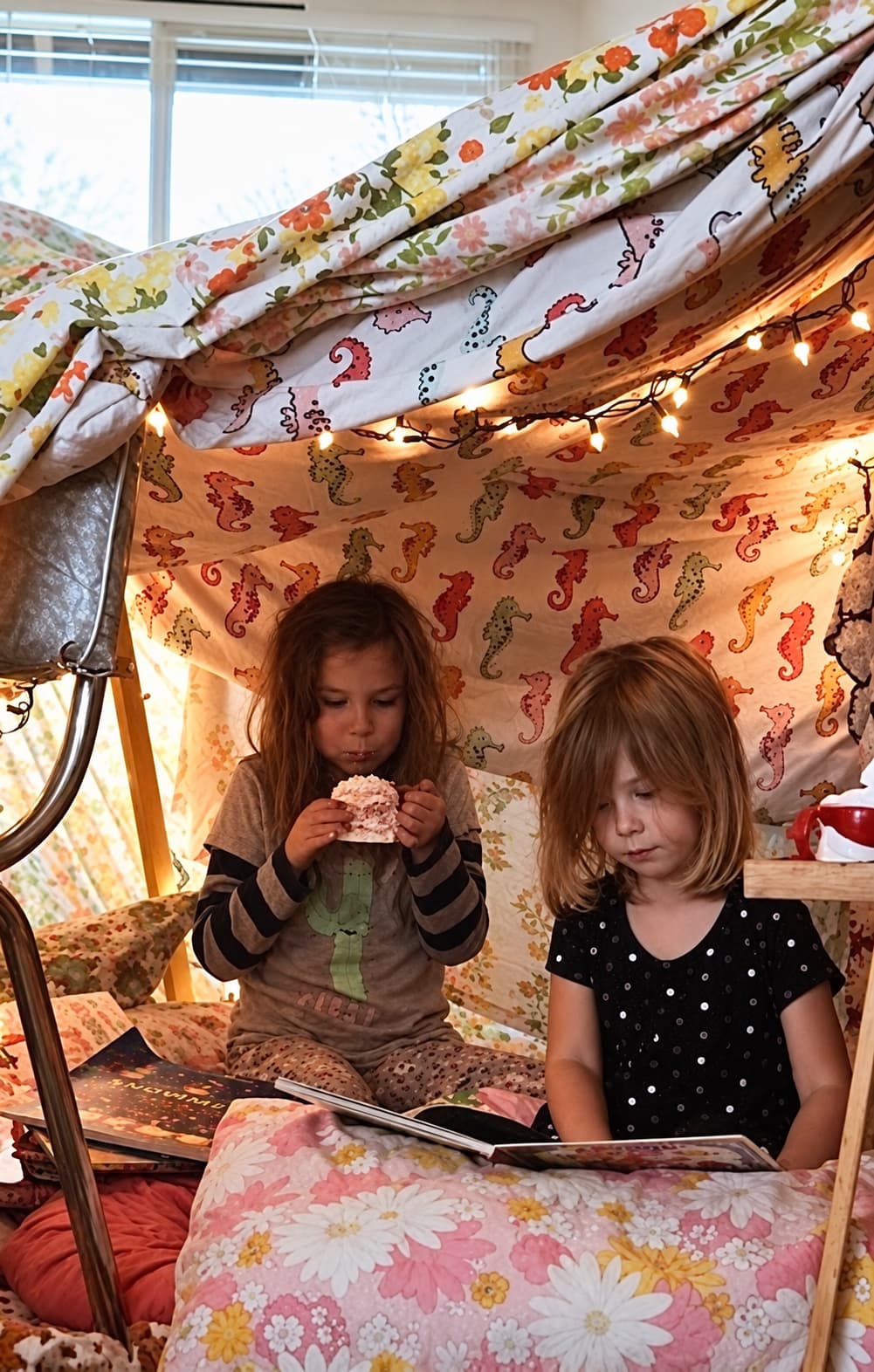 Children sitting inside a blanket fort