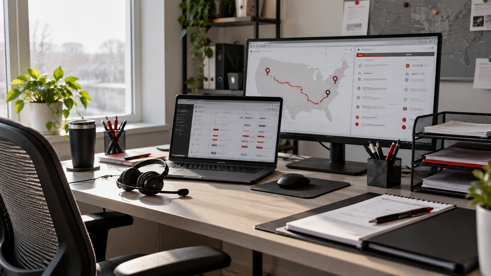 Practical home office with a headset, screens, and organized dispatch records.