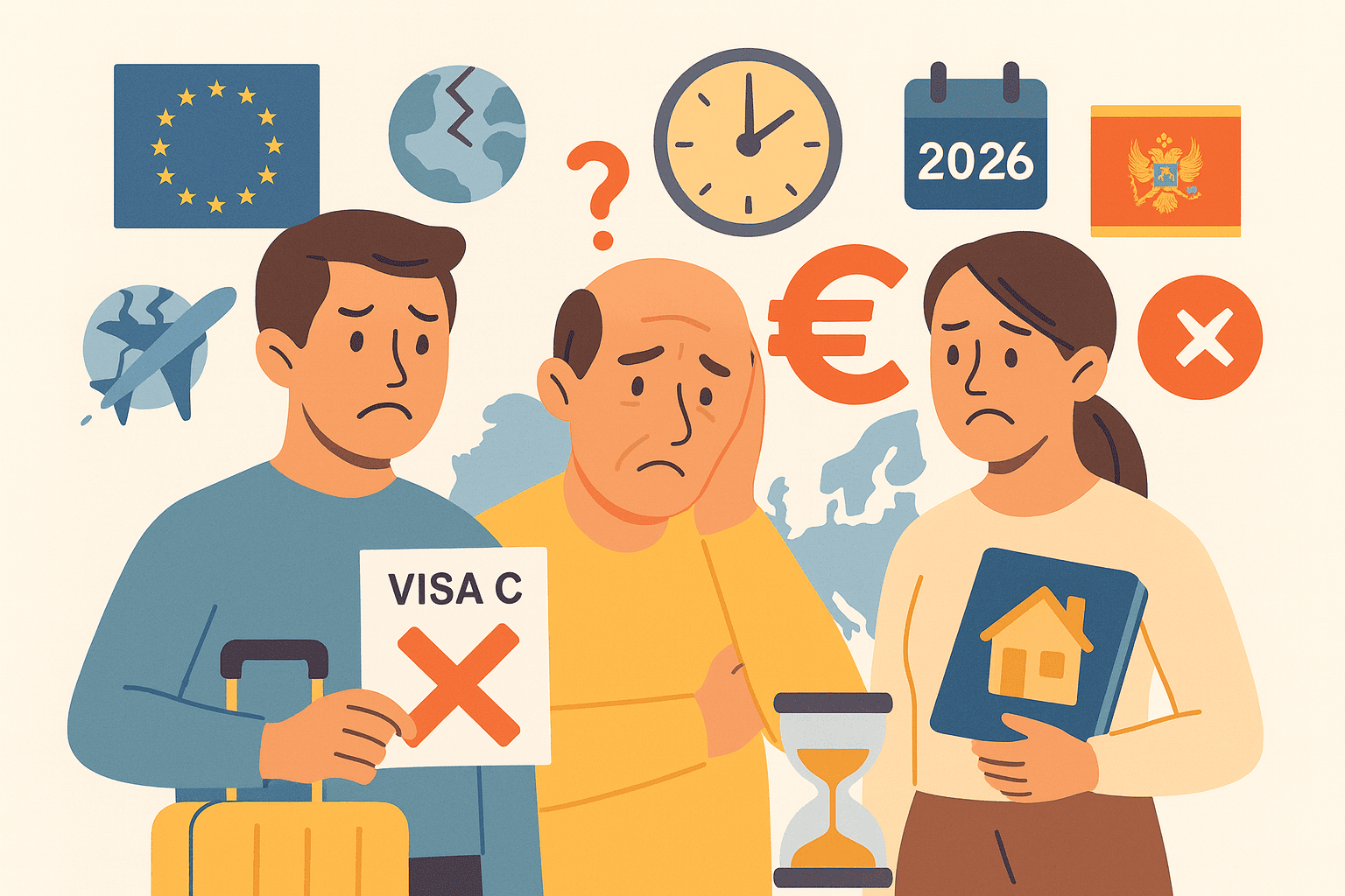 Иллюстрация показывает людей, столкнувшихся с проблемами поездок в Европу: отказ в визе C, высокая стоимость, долгие сроки и запутанные правила. На фоне — символы задержек, денежных трат и изменений в визовой политике. Каждый персонаж выражает тревогу и растерянность.