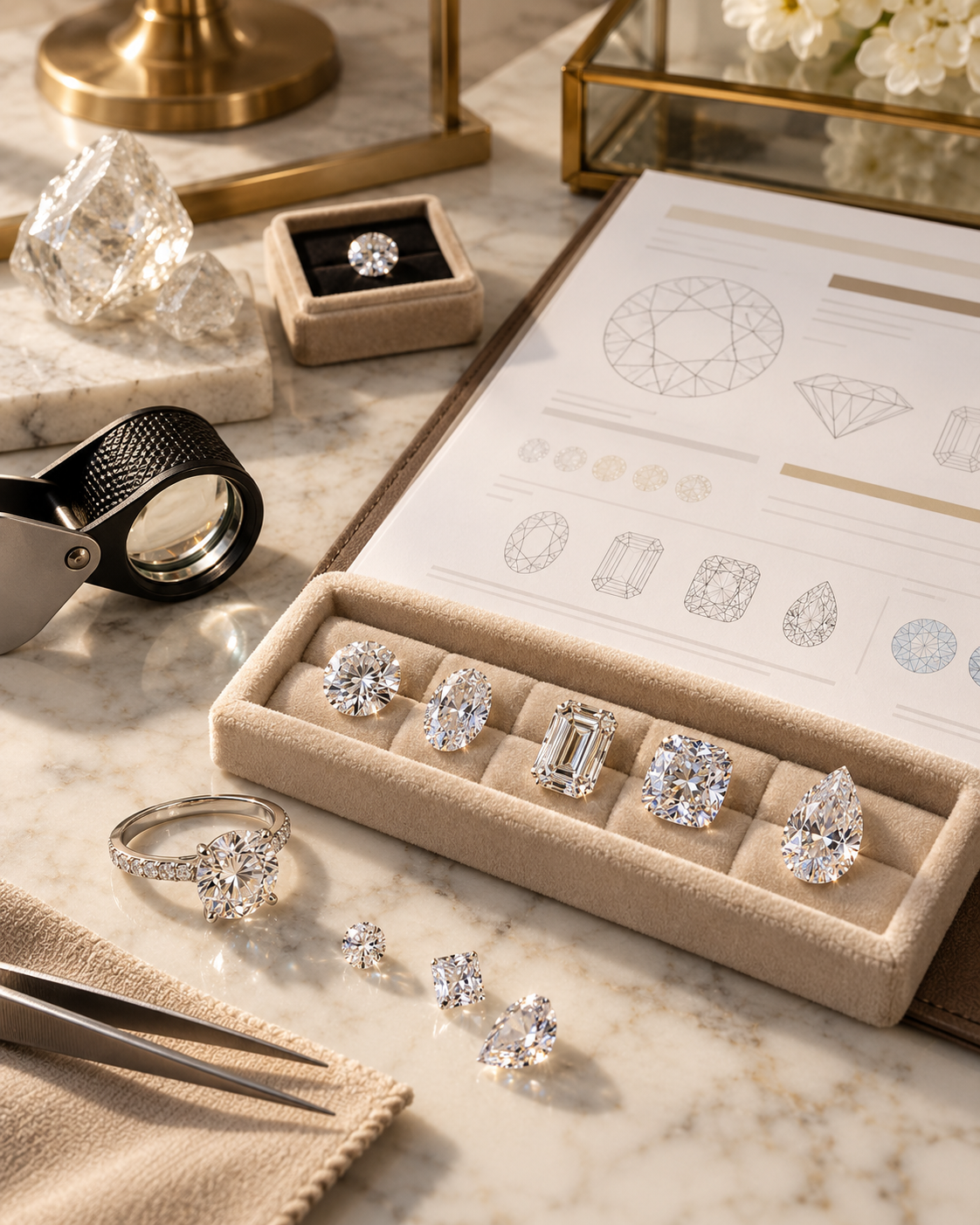 Different diamond shapes, grading details and jewelry prepared for resale value evaluation