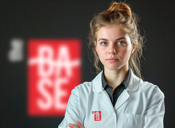 A production specialist in a lab coat in front of The Base Beverage brand sign at the Dubai facility