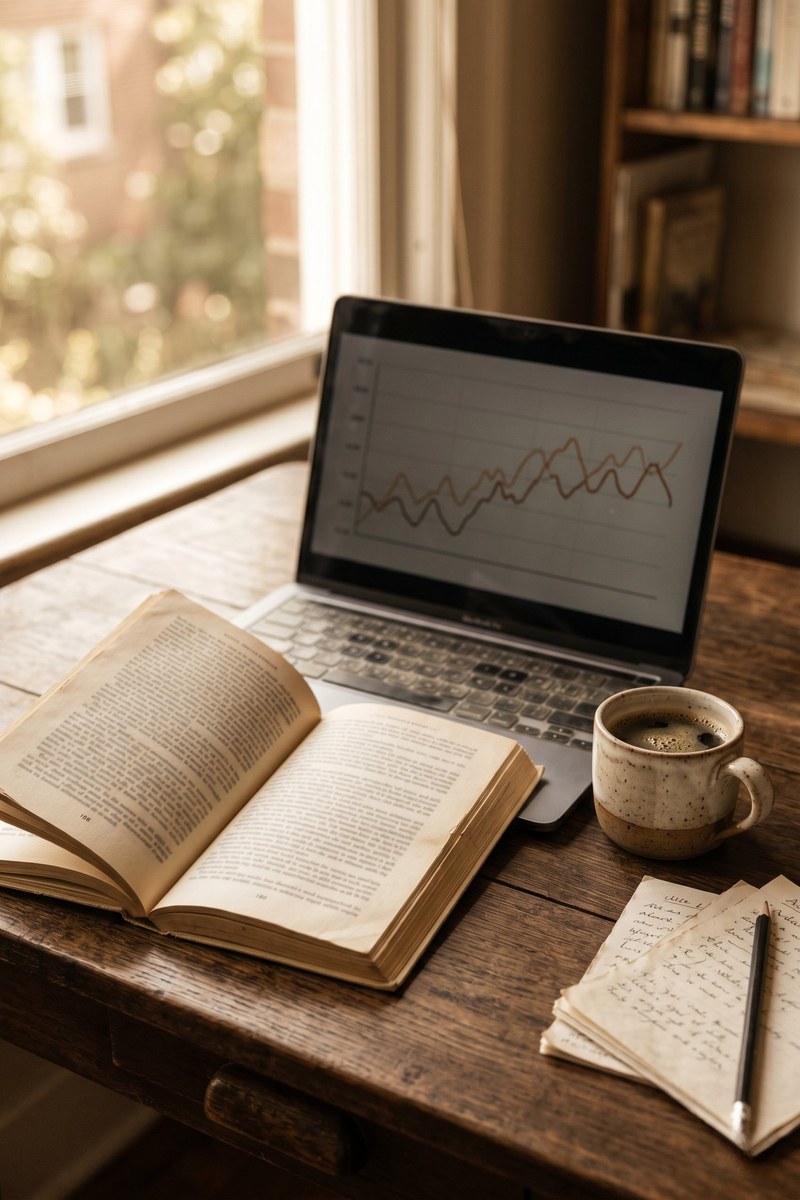 Schreibtisch eines Autors mit Laptop und geöffneten Werbeberichten als Symbol für die analytische Arbeit mit Amazon Ads
