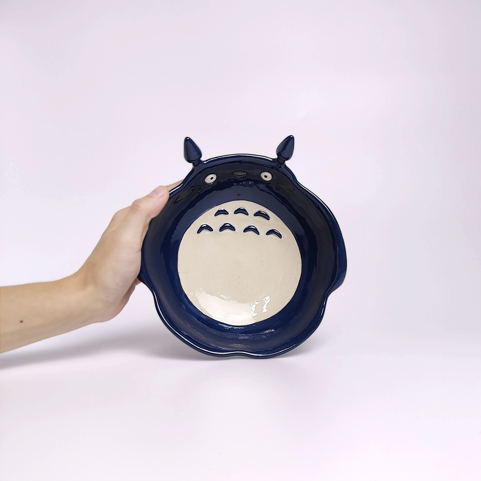 handmade ceramic Totoro plate in blue and beige glaze