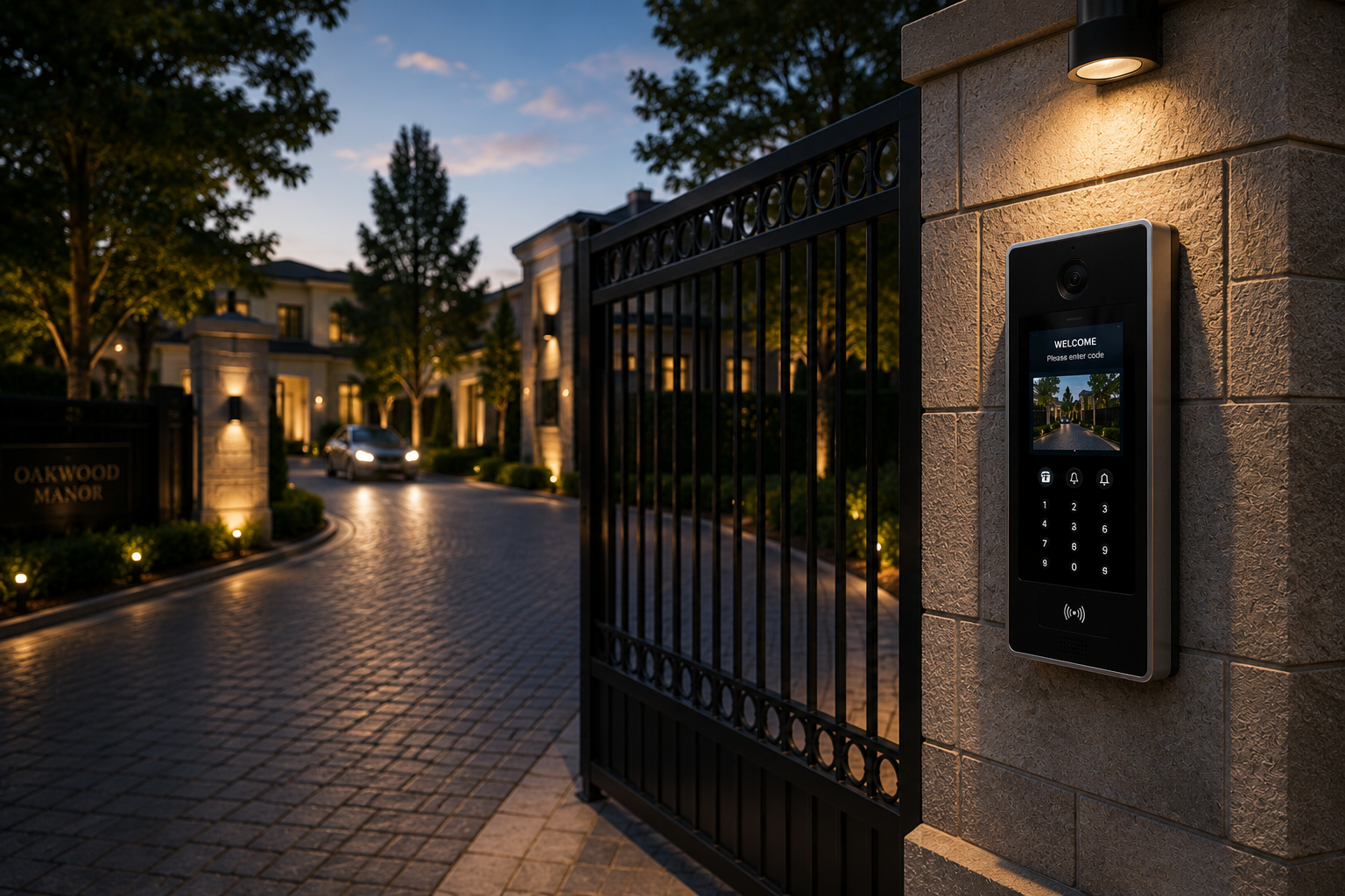 Gated property entrance with a video intercom and remote gate release