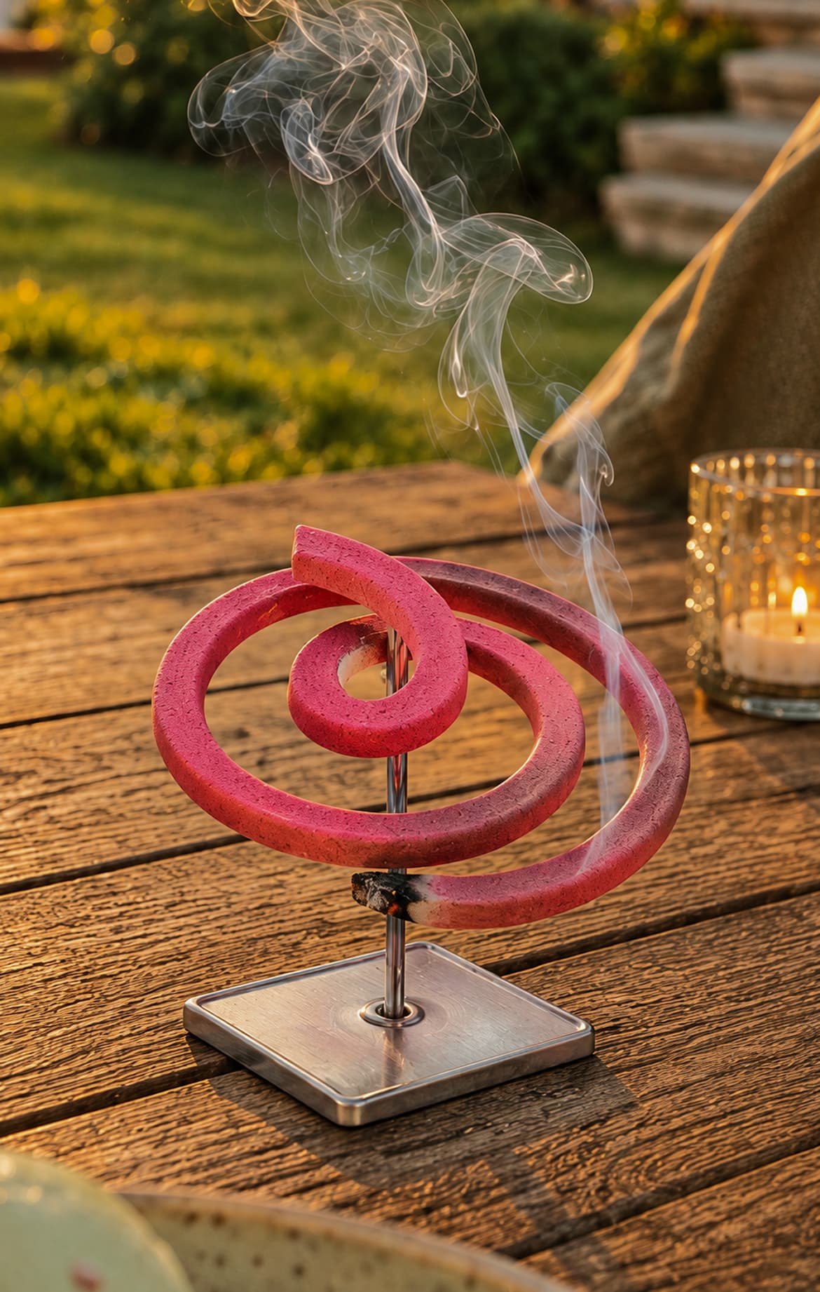 Pink mosquito coil burning on an outdoor table