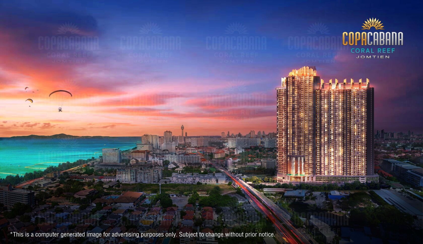Copacabana Coral Reef 55-storey condominium tower in Jomtien, Pattaya at sunset, architectural rendering