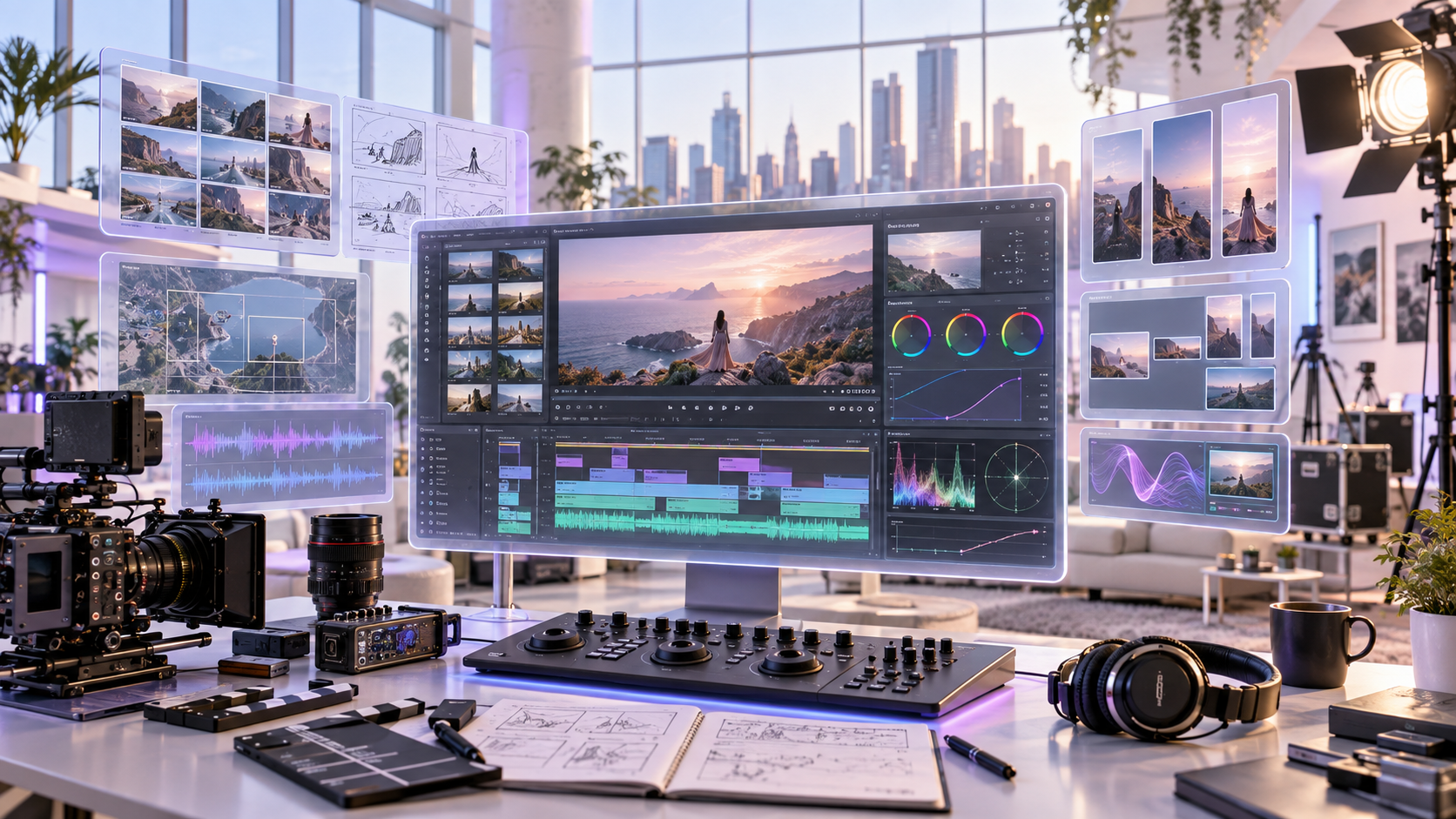 Professional video production and editing studio with camera equipment, editing timeline and colour grading tools