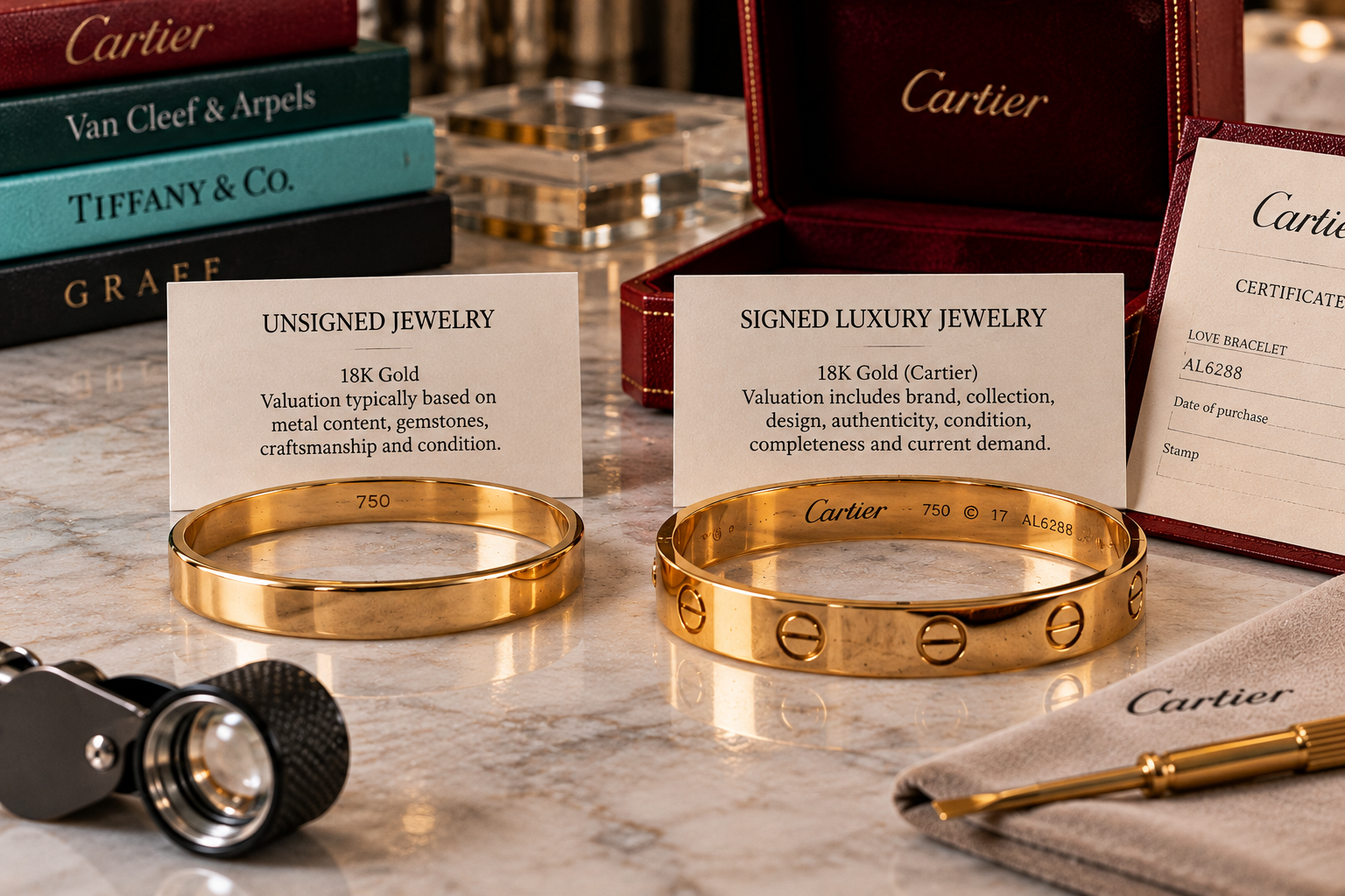Unsigned and signed 18K gold bracelets compared to show how maker, collection, authenticity, condition and demand can affect designer jewelry resale value