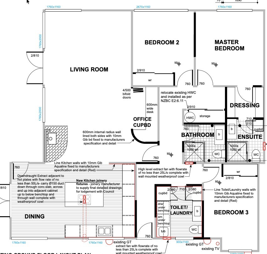 Renovation floor plan showing the reconfigured Hillcrest bedrooms, ensuite, office and laundry