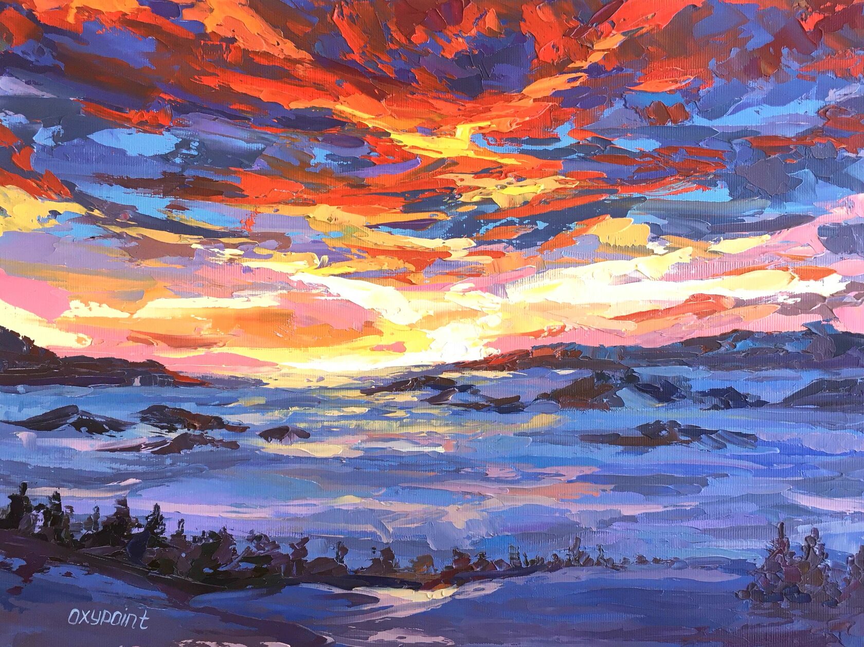 Sunset in the mountains oil painting, Alps abstract art, Mountain landscape knife painting, artist OXYPOINT Oxana Kravtsova, painting for sale 