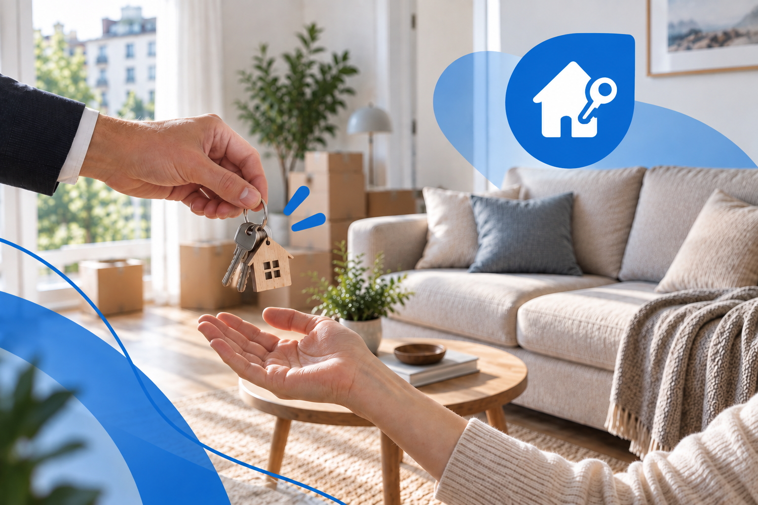 Schl&uuml;ssel&uuml;bergabe bei der Vermietung einer modernen Wohnung mit sauberem Sofa &ndash; professionelle Polsterreinigung von Shikardos vor dem Einzug neuer Mieter