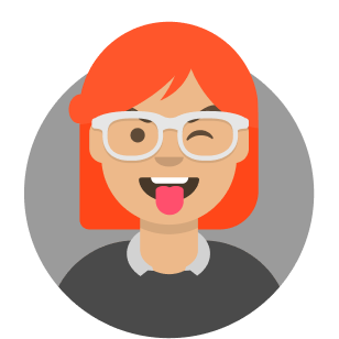 Cartoon illustration of a happy person with orange hair, white glasses, and a black shirt winking playfully with their tongue out, capturing the vibrant spirit of happy hiring with Cybergizer. The backdrop features a sleek gray circle.