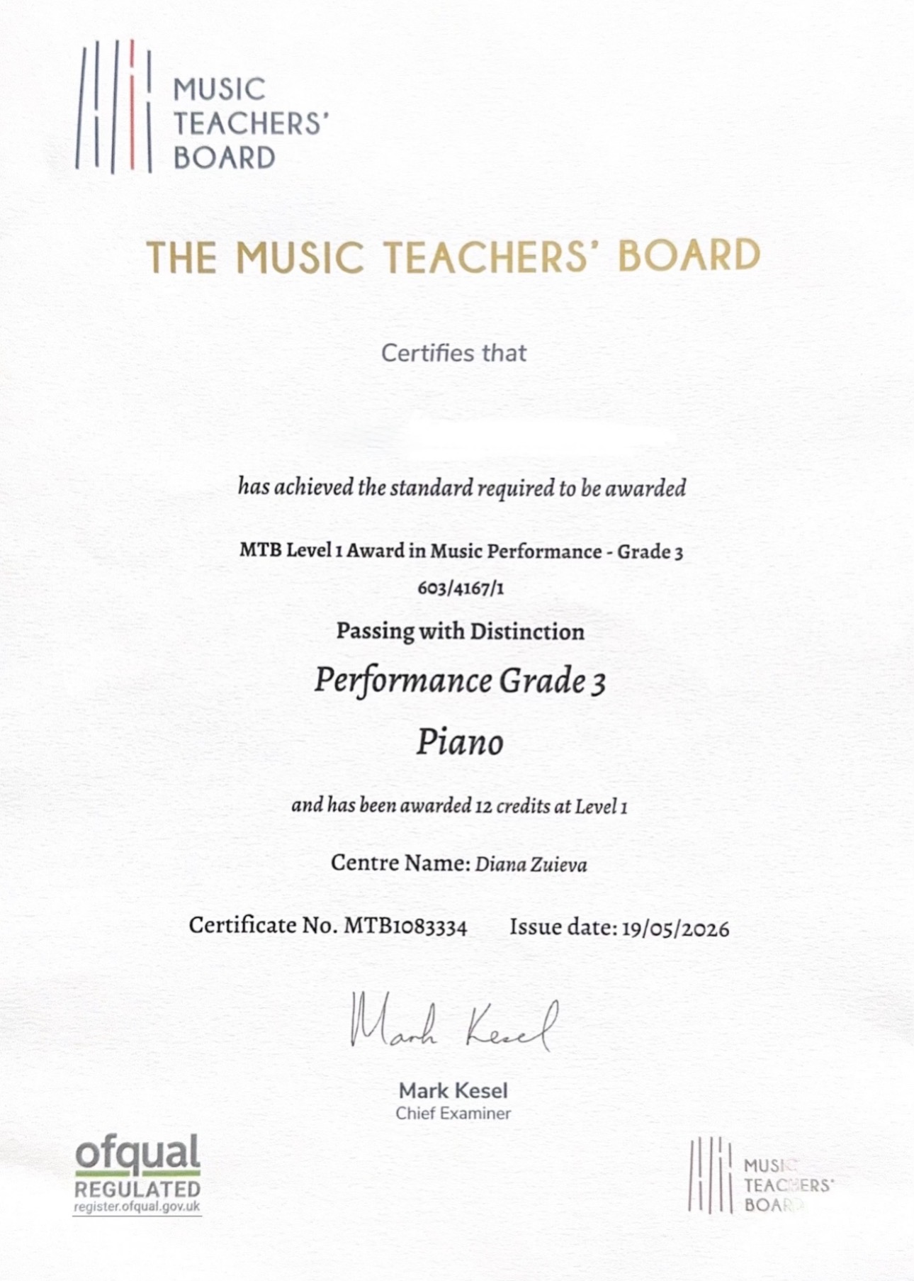 MTB Grade 3 official certificate, Distinction