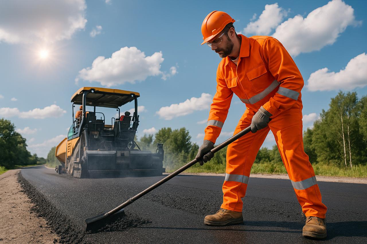 Работници асфалтират път при слънчево време – професионално полагане на асфалт в София през подходящ сезон
