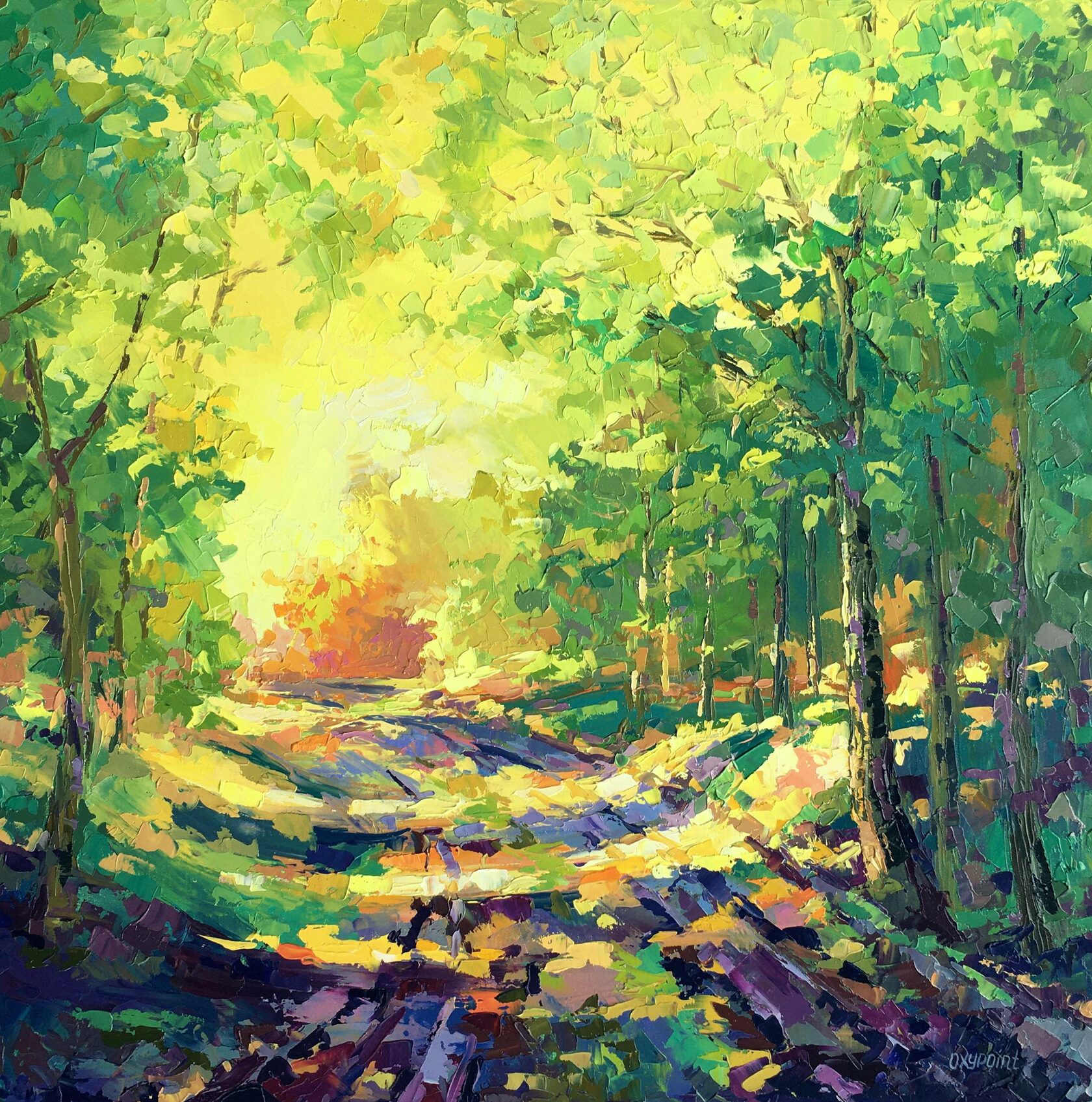 summer forest oil painting impressionism, trees in sunlight