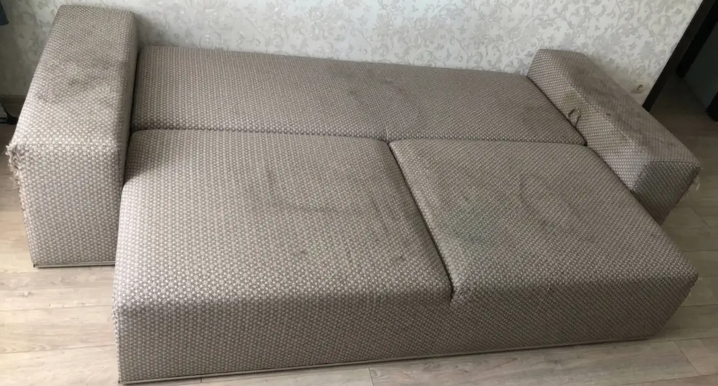 Heller Teppich mit Hundehaaren und Verschmutzung vor der Reinigung