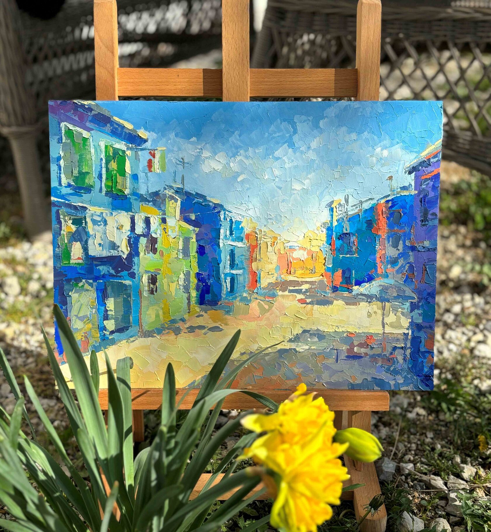 Venice oil painting, Italian landscape abstract art, Colored houses of Burano island knife painting, artist OXYPOINT Oxana Kravtsova, painting for sale 