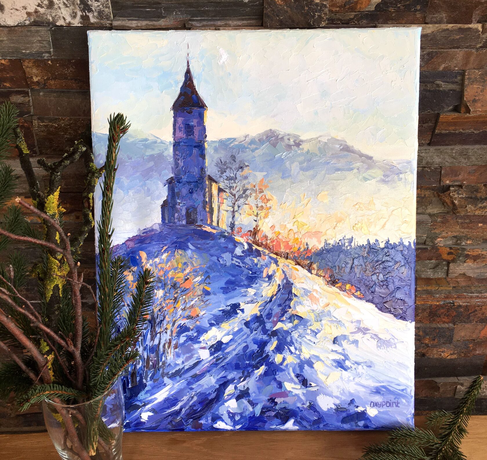 snow oil painting, Church of St. Primož and Felicijan, Jamnik, Slovenia art