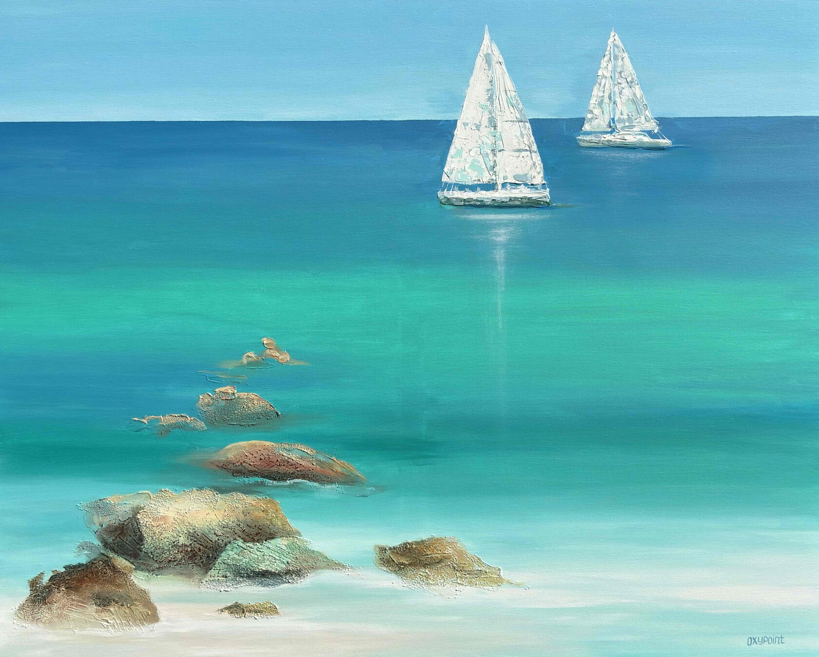 Acrylic painting White Sails, mixed media Turquoise Sea, large wall art for sale, buy art from artist, buy original paintings, Sea boats, seascape, stones in the sea, painting for sale Oxana Kravtsova Oxypoint