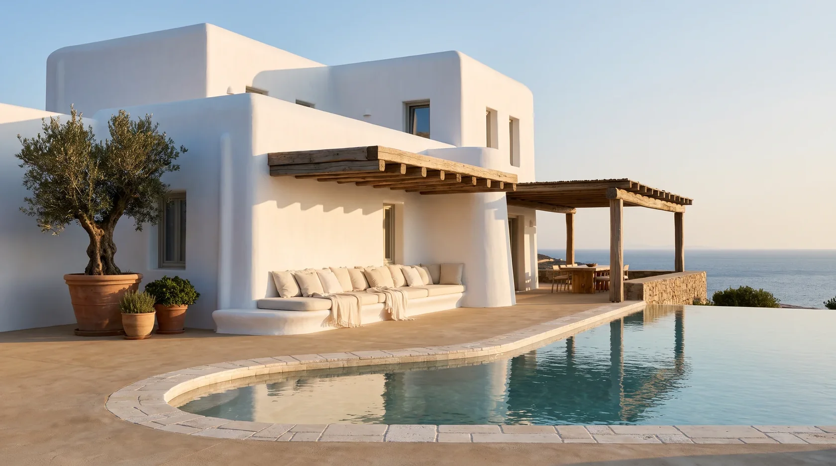 Ibiza-style white cubic villa with olive tree and plunge pool near Estepona