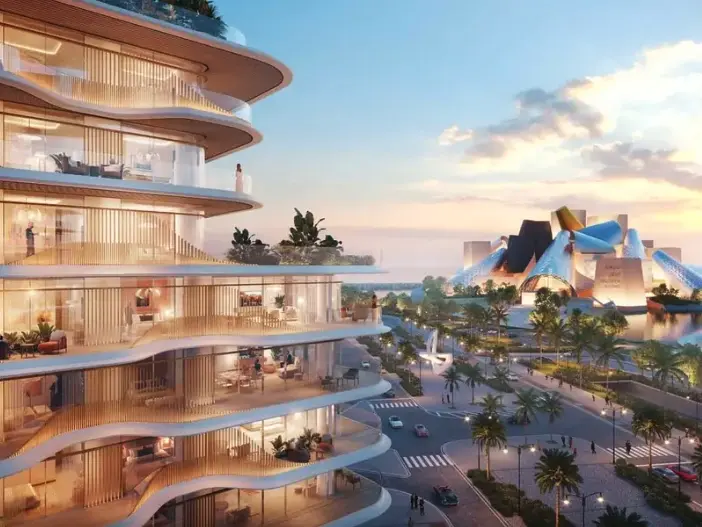 Aldar waterfront tower residences on Saadiyat Island at sunset, Abu Dhabi