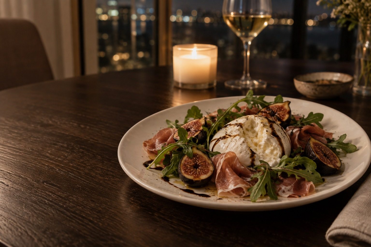 Burrata with prosciutto, arugula, and black figs plated for a chef-for-a-night dinner in a Miami home
