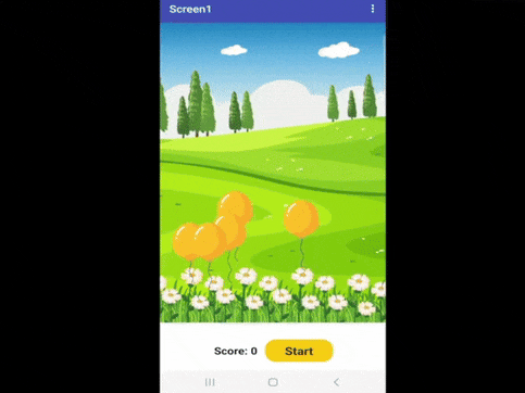 A phone game made with MIT App Inventor: balloons over a meadow full of flowers, with a score and a Start button