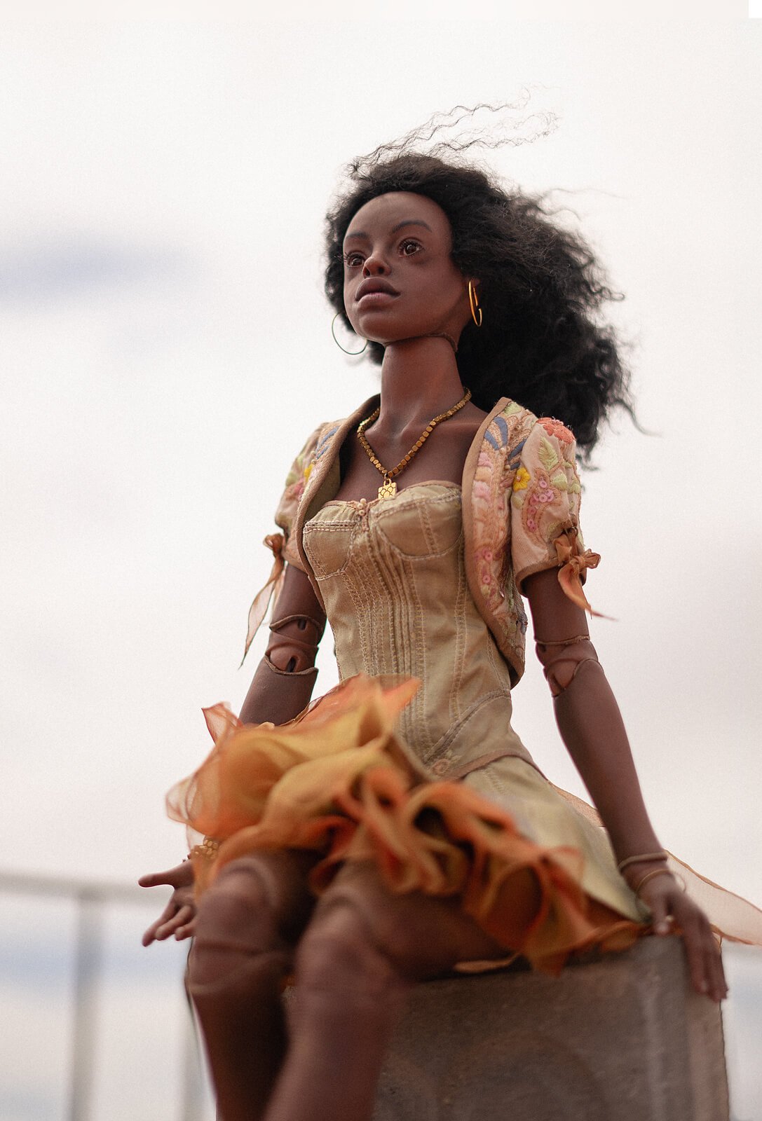 Portrait of dark-skinned BJD doll named Nina against a windy sky