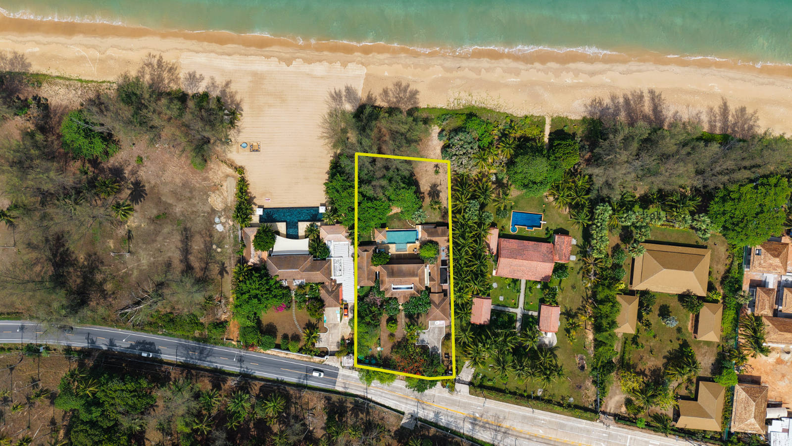 Aerial view of the four-bedroom beachfront villa and grounds, Natai Beach