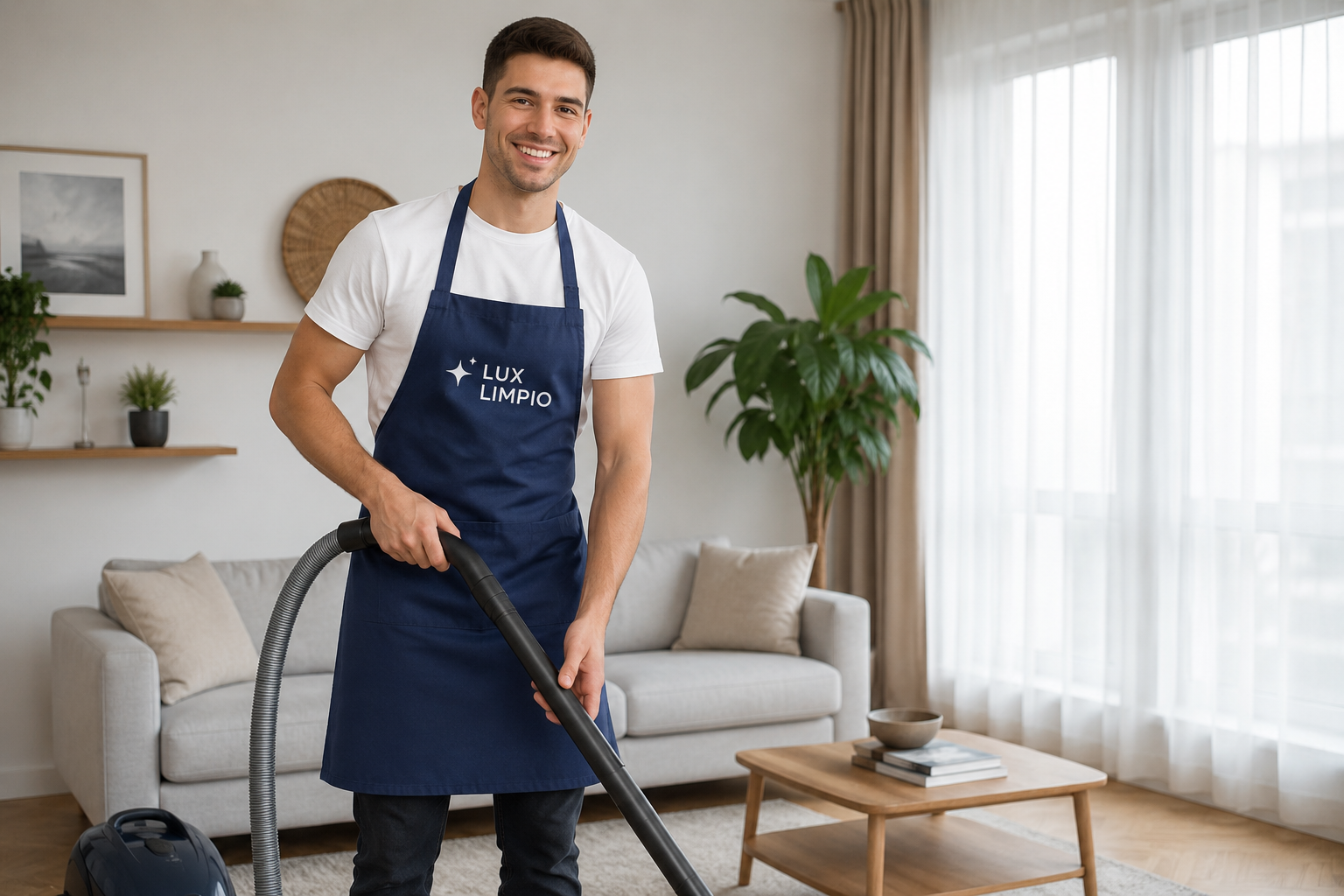 Técnico de Lux Limpio con delantal limpiando un sofá en Valencia