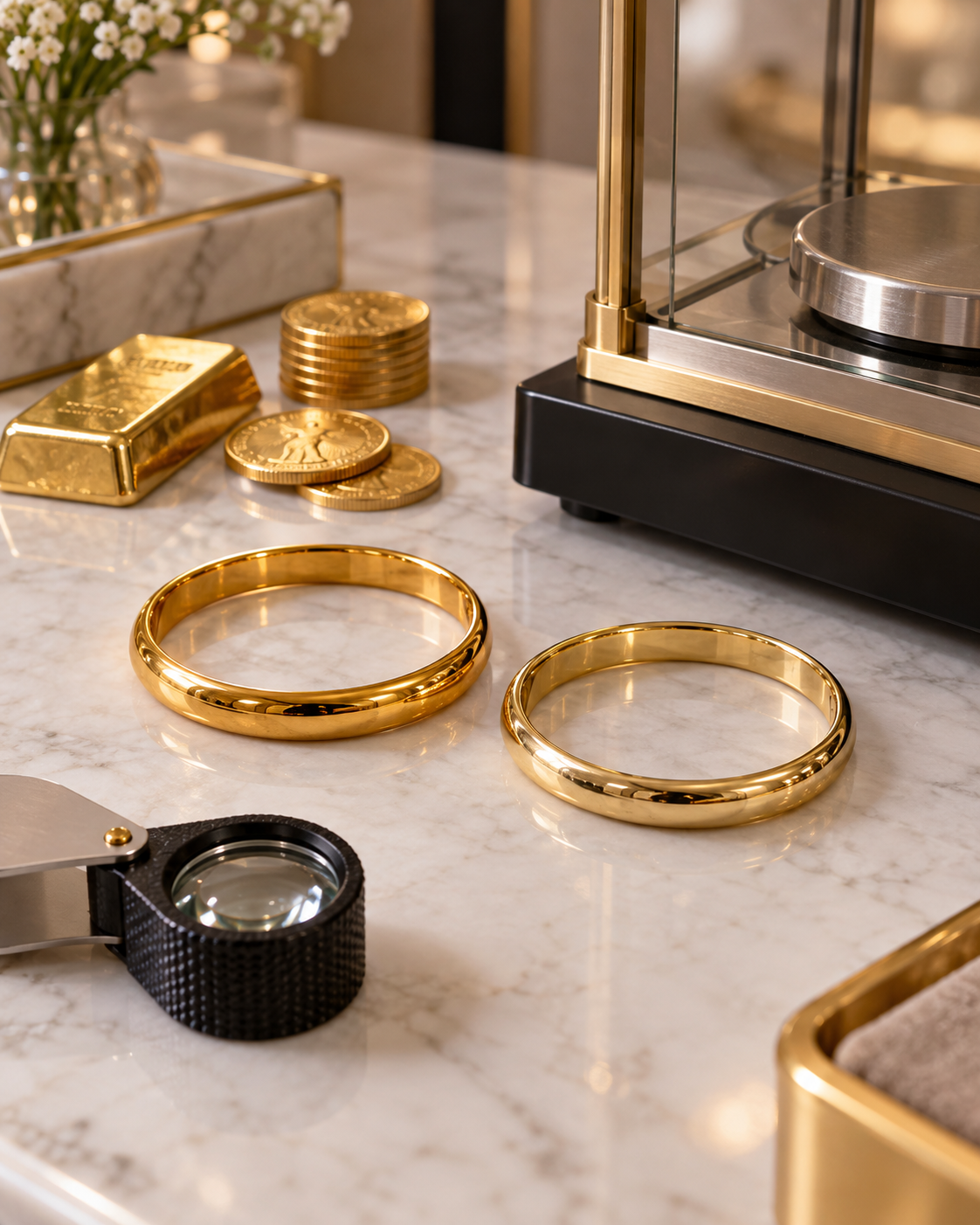 14K and 18K gold bracelets compared beside gold bars, coins, a precision scale and loupe to illustrate spot price versus melt value