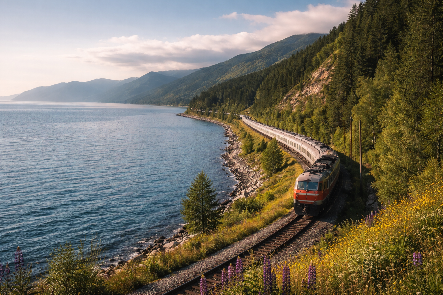 Train du Transsibérien longeant un lac et une forêt de conifères en été, montagnes à l'horizon
