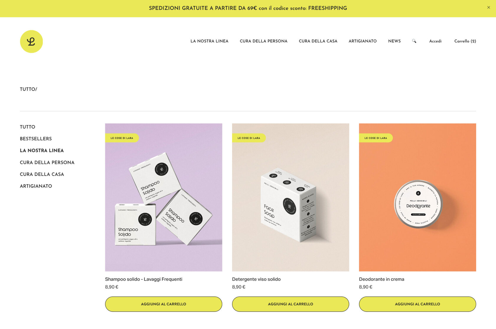 A product page displaying sustainable lifestyle items from Le Cose di Lara, featuring eco-friendly materials and handmade details.