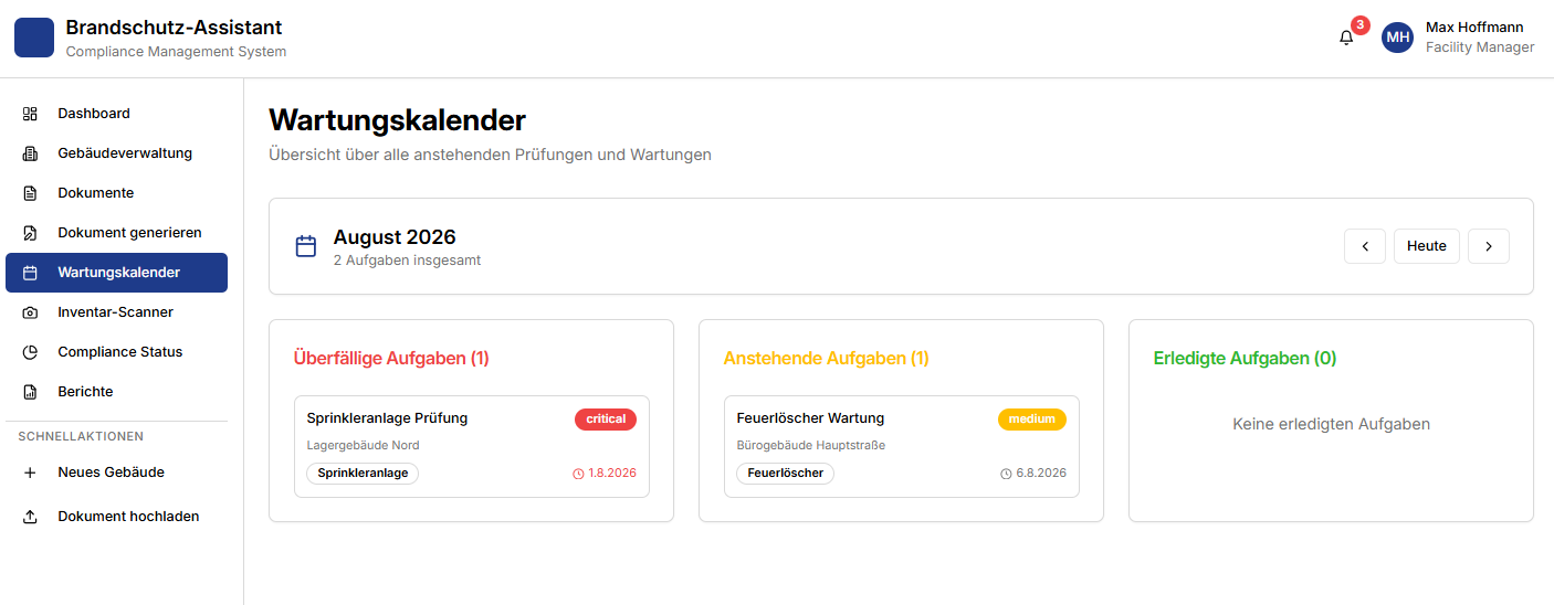 Wartungskalender für Brandschutzausrüstung mit anstehenden und überfälligen Terminen