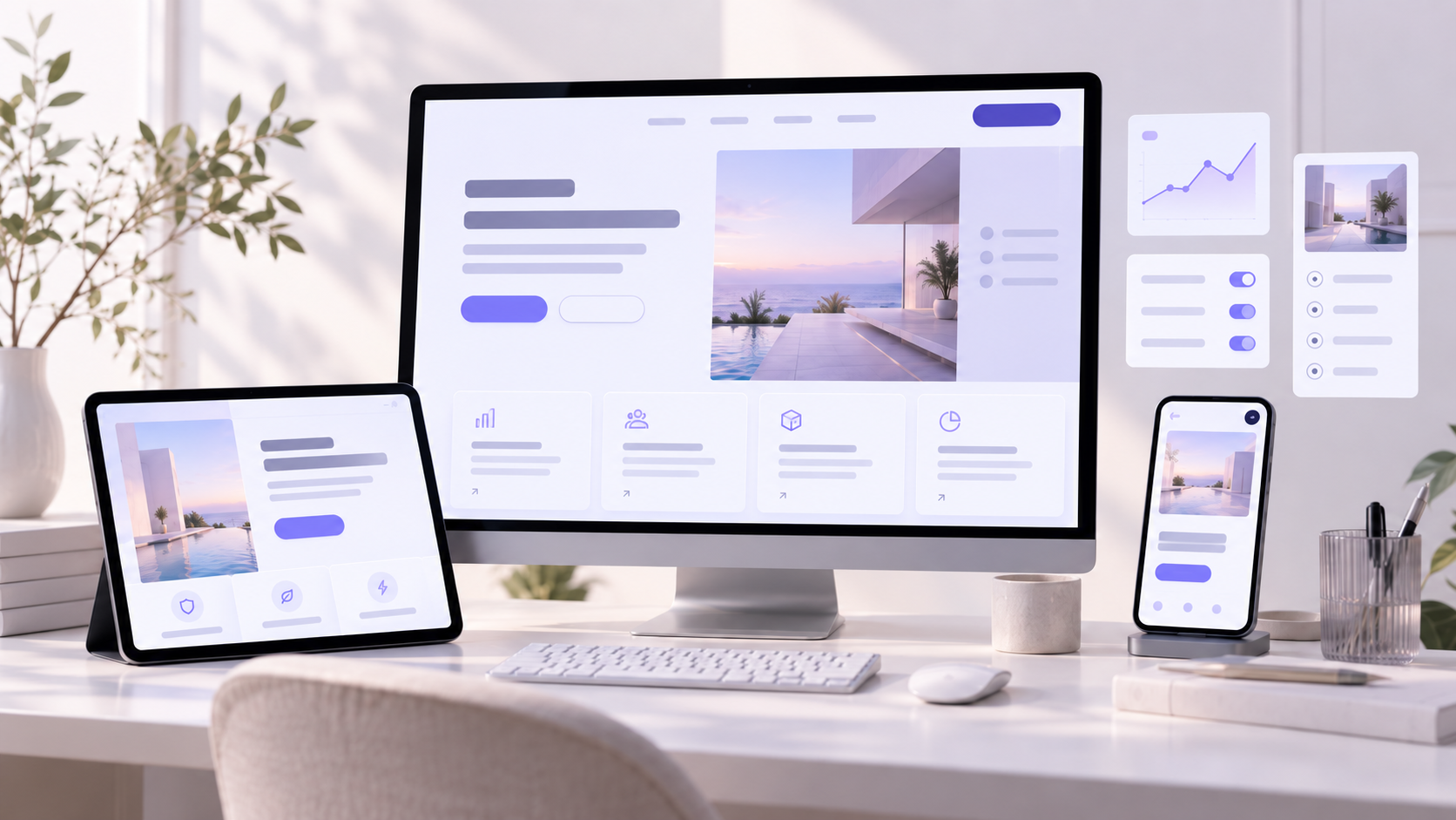 Responsive website interface shown across desktop, tablet and mobile screens with analytics and conversion elements
